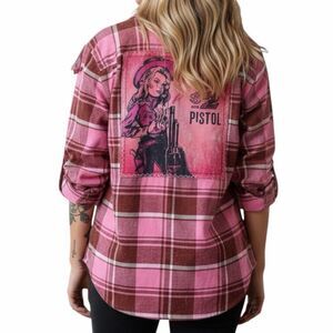ANGRY MINNOW Women’s Pink Red Plaid Long Sleeve Flannel Graphic Shirt Small
